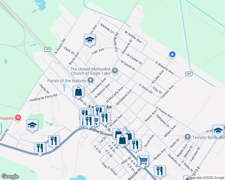 map of restaurants, bars, coffee shops, grocery stores, and more near 104 West State Street in Eagle Lake