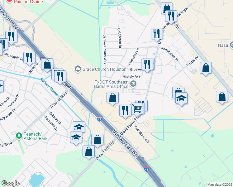 map of restaurants, bars, coffee shops, grocery stores, and more near 747 Leicester Lane in Houston