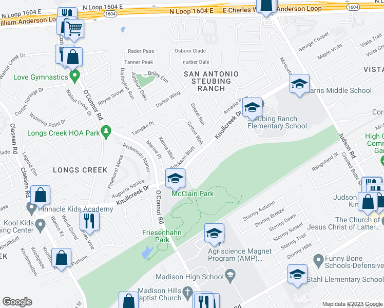 map of restaurants, bars, coffee shops, grocery stores, and more near 5214 Erickson Bluff in San Antonio