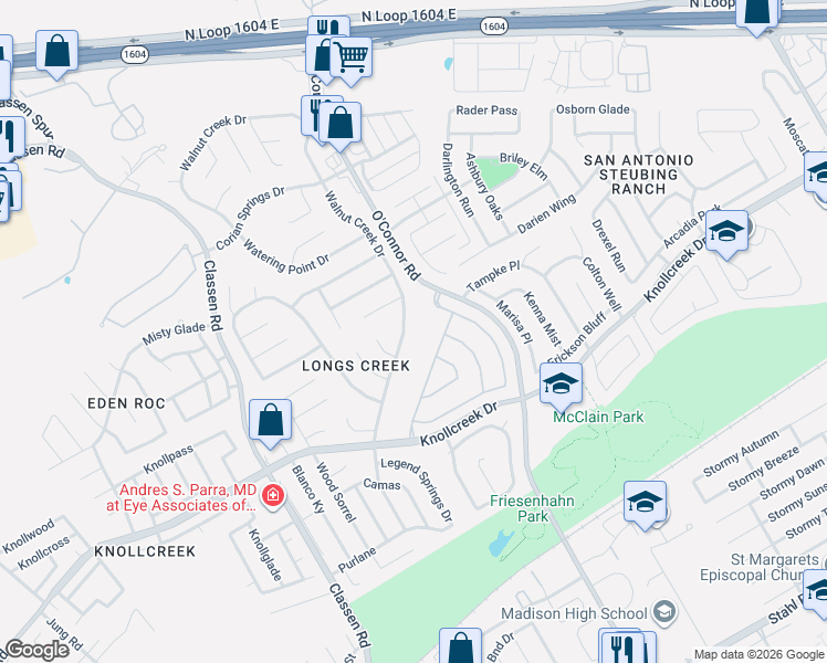 map of restaurants, bars, coffee shops, grocery stores, and more near 15847 Walnut Creek Drive in San Antonio