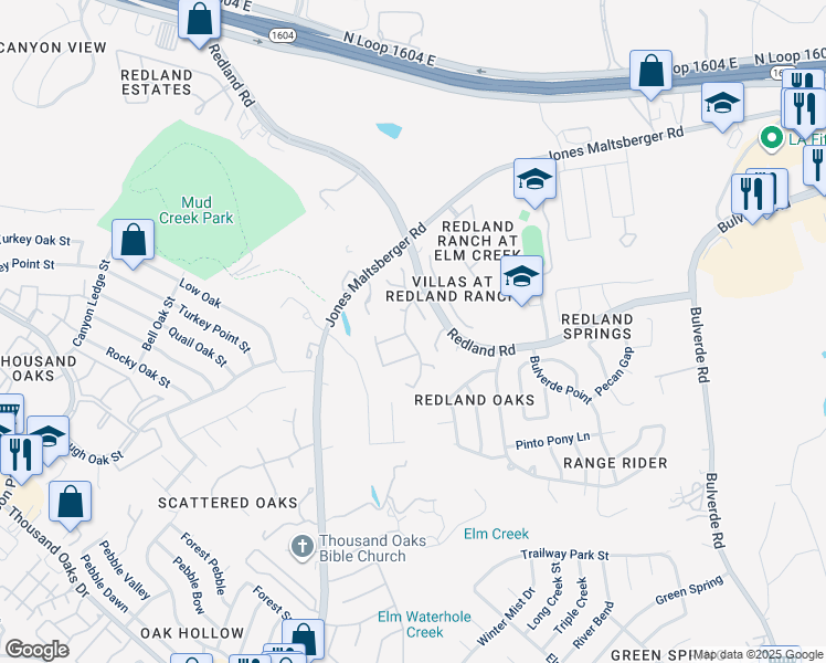 map of restaurants, bars, coffee shops, grocery stores, and more near 16602 Snell Meadows in San Antonio
