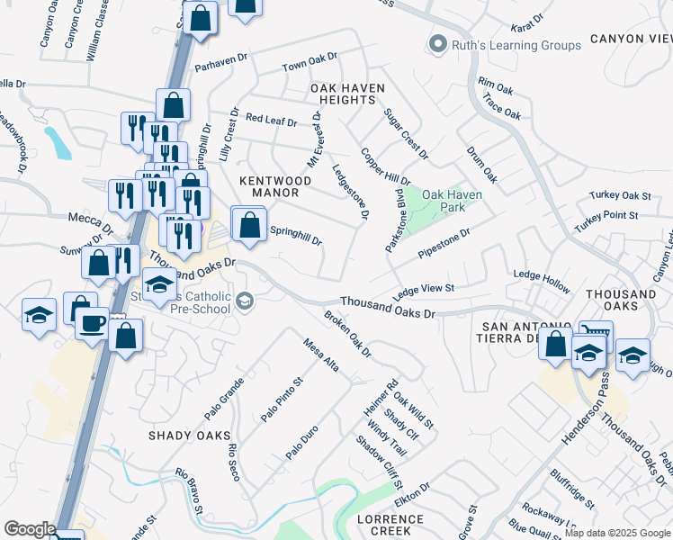 map of restaurants, bars, coffee shops, grocery stores, and more near 16510 Ledgestone Drive in San Antonio