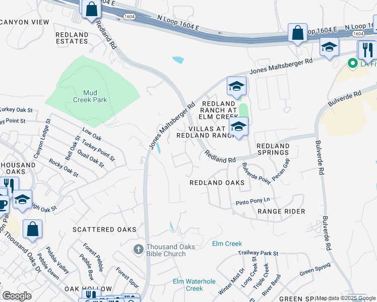 map of restaurants, bars, coffee shops, grocery stores, and more near 16602 Snell Meadows in San Antonio