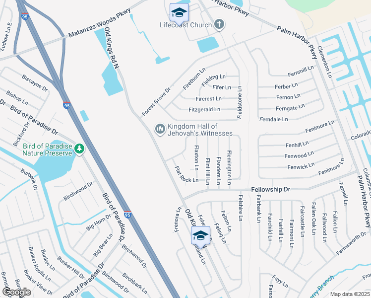 map of restaurants, bars, coffee shops, grocery stores, and more near 16 Flemingwood Lane in Palm Coast