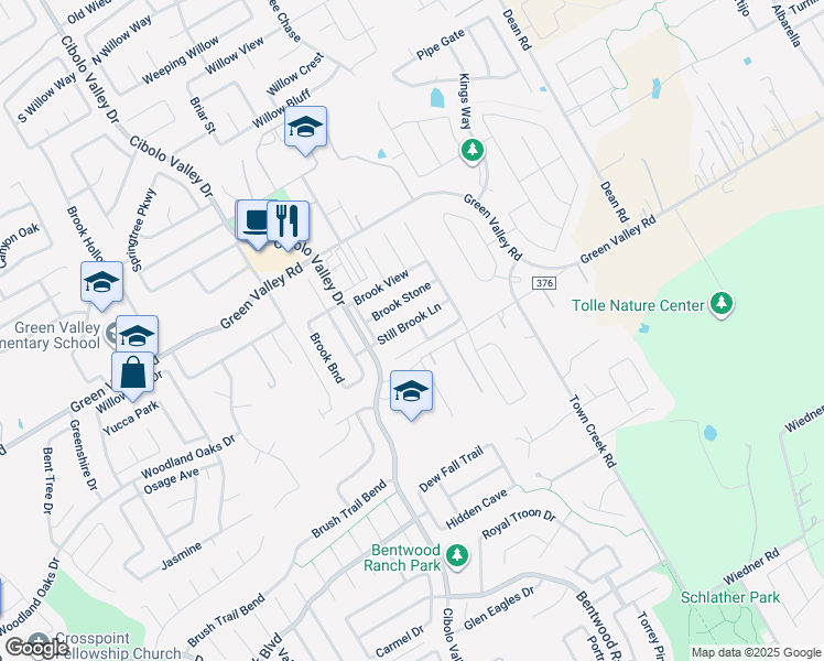 map of restaurants, bars, coffee shops, grocery stores, and more near 120 Still Brook Lane in Cibolo