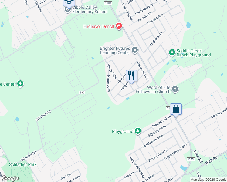 map of restaurants, bars, coffee shops, grocery stores, and more near 264 Hinge Path in Cibolo