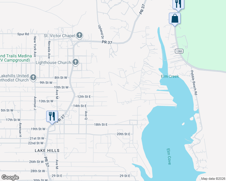 map of restaurants, bars, coffee shops, grocery stores, and more near 101 Harbour Oaks in Lakehills