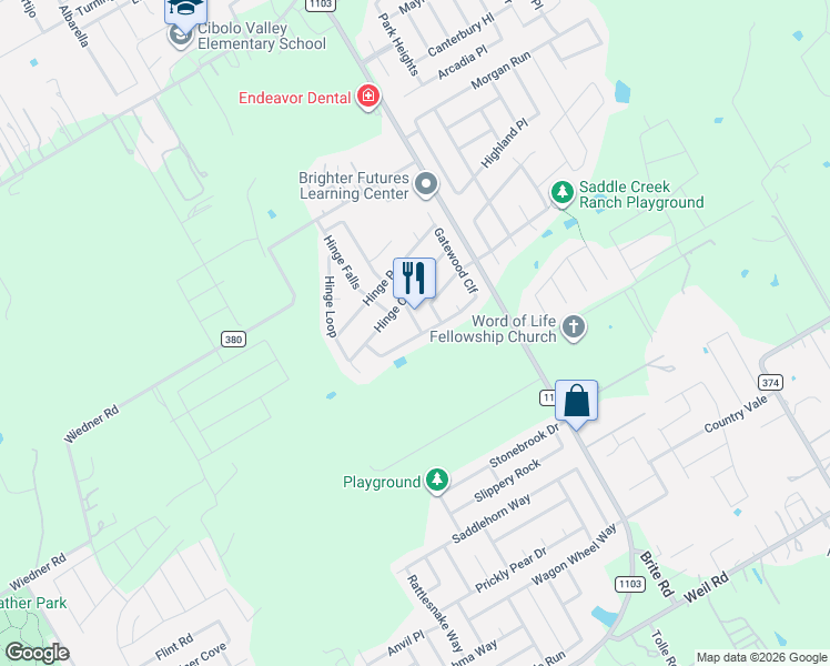 map of restaurants, bars, coffee shops, grocery stores, and more near 201 Gatewood Oak in Cibolo