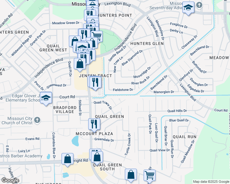 map of restaurants, bars, coffee shops, grocery stores, and more near 1423 Fieldstone Drive in Missouri City