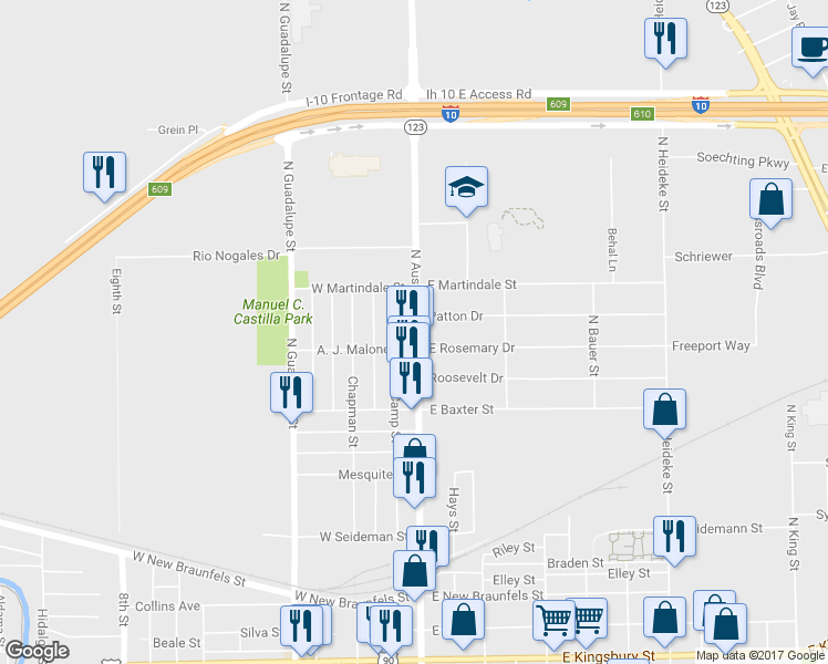 map of restaurants, bars, coffee shops, grocery stores, and more near 2216 North Austin Street in Seguin