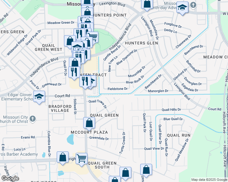 map of restaurants, bars, coffee shops, grocery stores, and more near 1423 Fieldstone Drive in Missouri City