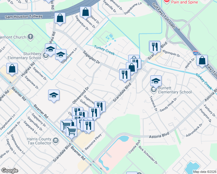 map of restaurants, bars, coffee shops, grocery stores, and more near 11403 Waxwood Drive in Houston