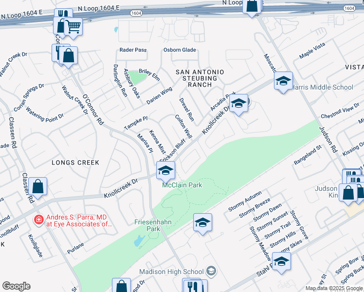 map of restaurants, bars, coffee shops, grocery stores, and more near 5214 Erickson Bluff in San Antonio