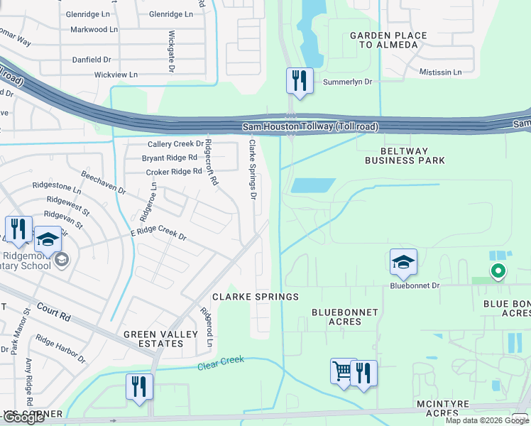 map of restaurants, bars, coffee shops, grocery stores, and more near 15855 Reddy Lane in Houston