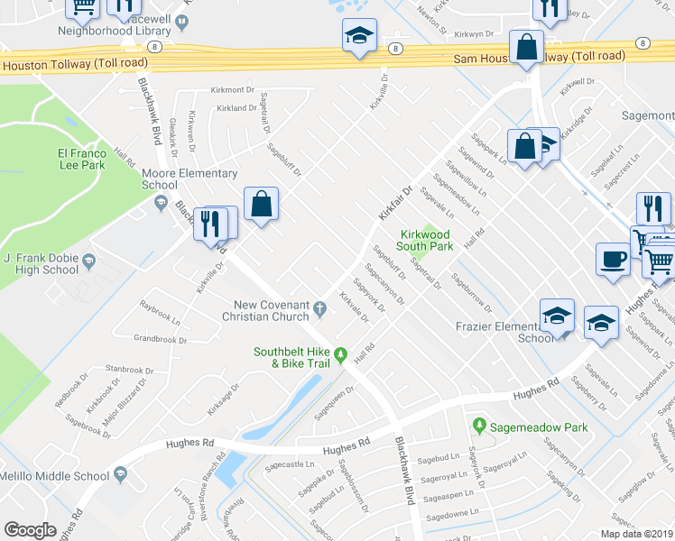 map of restaurants, bars, coffee shops, grocery stores, and more near 10534 Sageyork Drive in Houston