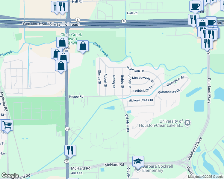 map of restaurants, bars, coffee shops, grocery stores, and more near 1134 Nancy Street in Pearland