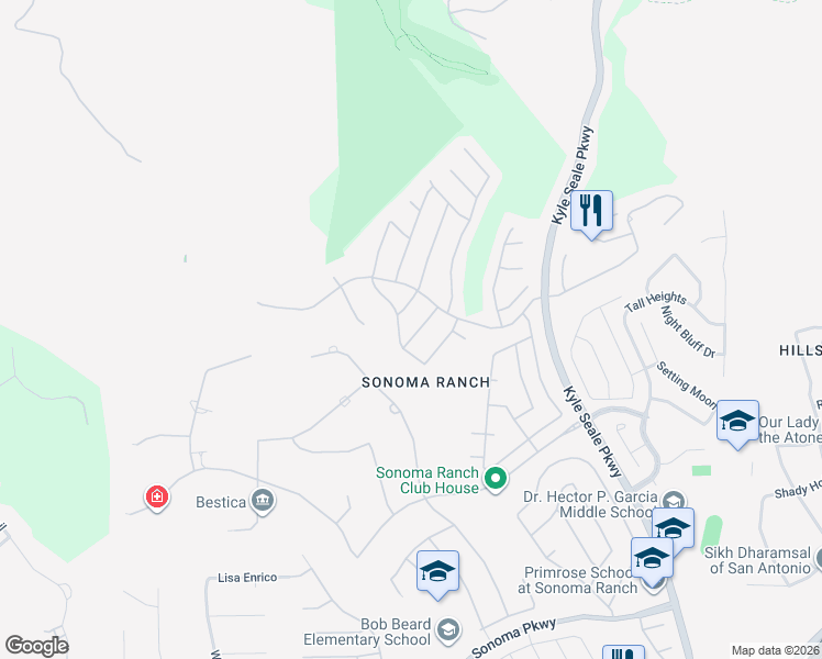 map of restaurants, bars, coffee shops, grocery stores, and more near 15715 Alamogordo in Helotes