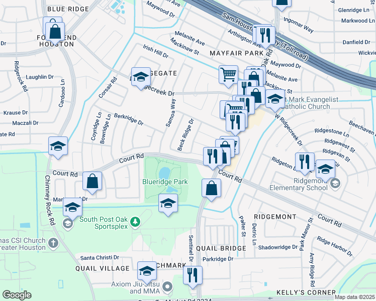 map of restaurants, bars, coffee shops, grocery stores, and more near 16218 Alden Ridge Drive in Houston