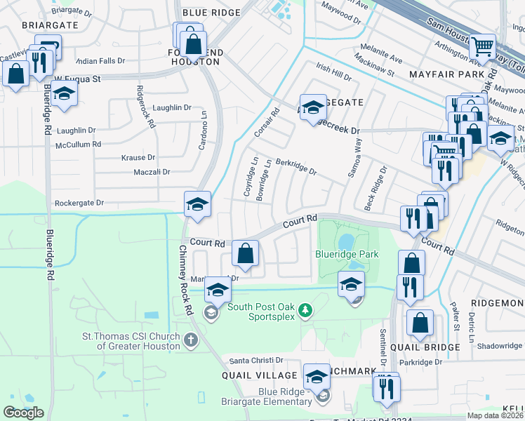 map of restaurants, bars, coffee shops, grocery stores, and more near 16207 Bowridge Lane in Houston