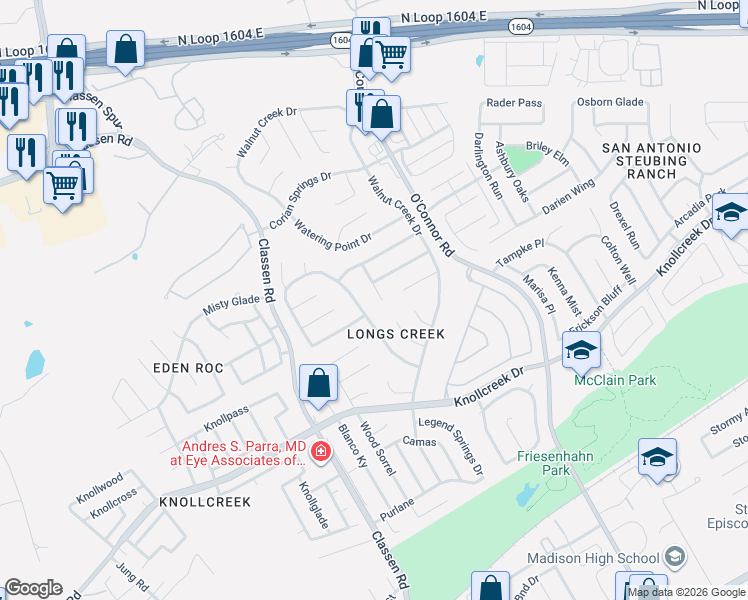 map of restaurants, bars, coffee shops, grocery stores, and more near 15819 Pleasant Well Drive in San Antonio