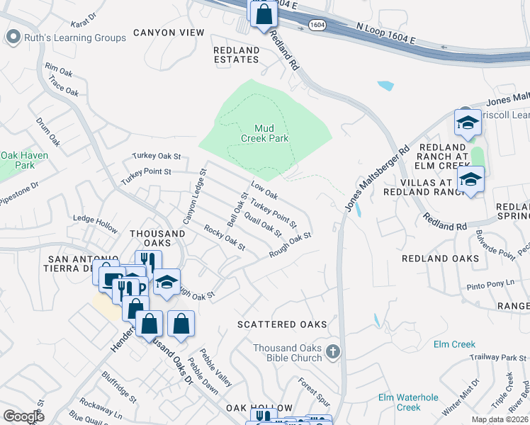 map of restaurants, bars, coffee shops, grocery stores, and more near 17022 Turkey Point Street in San Antonio