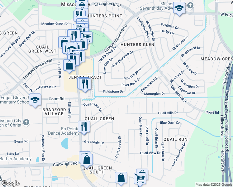 map of restaurants, bars, coffee shops, grocery stores, and more near 1327 Fieldstone Drive in Missouri City