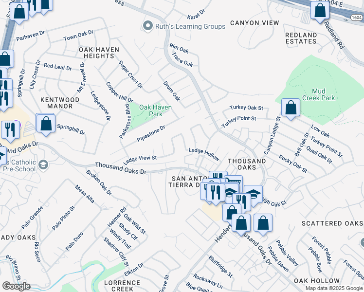 map of restaurants, bars, coffee shops, grocery stores, and more near 16411 Ledge Trail in San Antonio