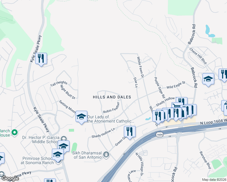 map of restaurants, bars, coffee shops, grocery stores, and more near 15726 Cotton Tail Lane in San Antonio