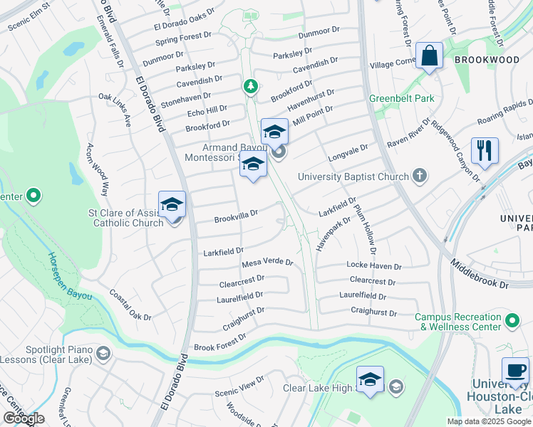 map of restaurants, bars, coffee shops, grocery stores, and more near 16002 Brookvilla Dr in Houston
