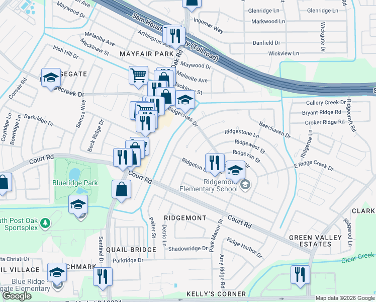 map of restaurants, bars, coffee shops, grocery stores, and more near 5339 Ridge Turn Drive in Houston