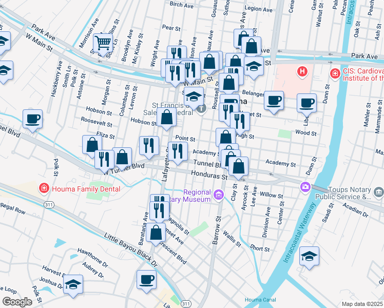map of restaurants, bars, coffee shops, grocery stores, and more near 404 Academy Street in Houma