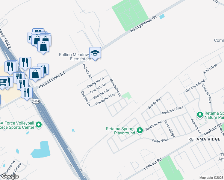 map of restaurants, bars, coffee shops, grocery stores, and more near 7450 Scordato Drive in San Antonio