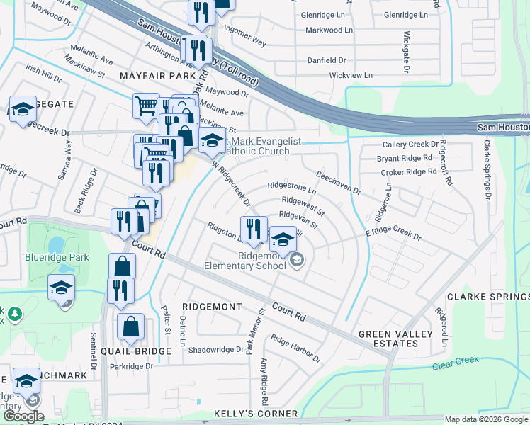 map of restaurants, bars, coffee shops, grocery stores, and more near 5234 Ridgevan Street in Houston