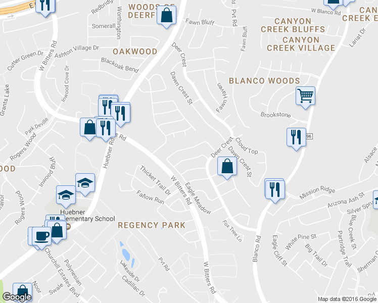 map of restaurants, bars, coffee shops, grocery stores, and more near 15635 Dove Meadow Street in San Antonio