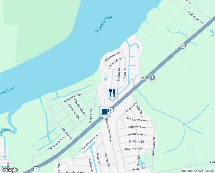 map of restaurants, bars, coffee shops, grocery stores, and more near 126 White Oaks Trail in Satsuma