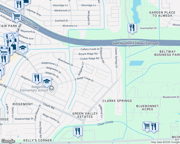 map of restaurants, bars, coffee shops, grocery stores, and more near 15837 Ridgeroe Lane in Houston