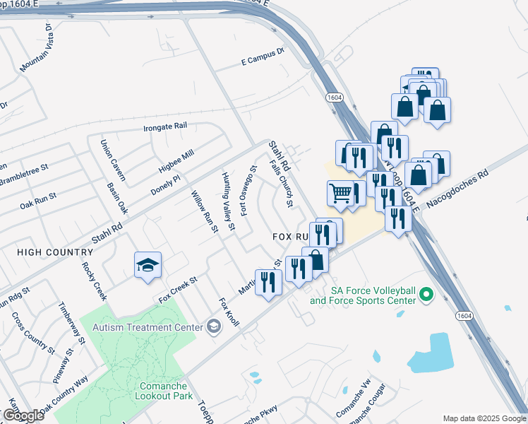 map of restaurants, bars, coffee shops, grocery stores, and more near 16519 Burr Hill Street in San Antonio