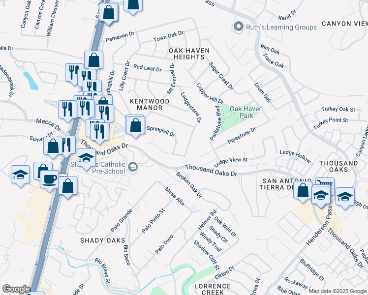 map of restaurants, bars, coffee shops, grocery stores, and more near 16510 Ledgestone Drive in San Antonio