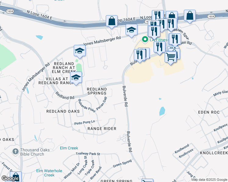 map of restaurants, bars, coffee shops, grocery stores, and more near 16414 Hillview Pass Drive in San Antonio
