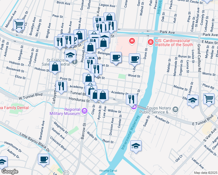 map of restaurants, bars, coffee shops, grocery stores, and more near 819 Lee Avenue in Houma