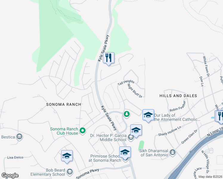 map of restaurants, bars, coffee shops, grocery stores, and more near 16123 Noble Night in San Antonio