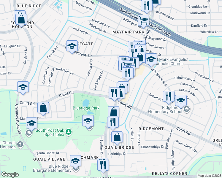 map of restaurants, bars, coffee shops, grocery stores, and more near 5551 Ambern Dr in Houston