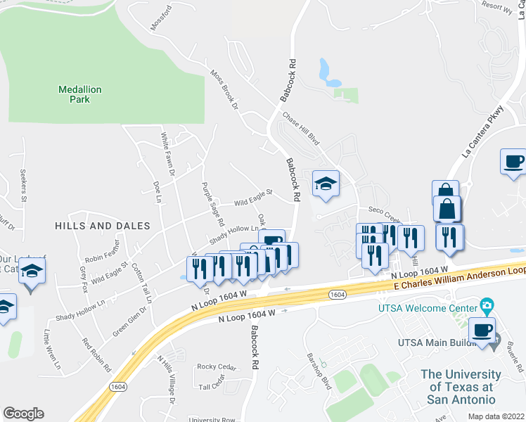 map of restaurants, bars, coffee shops, grocery stores, and more near 15818 Oak Grove Drive in San Antonio