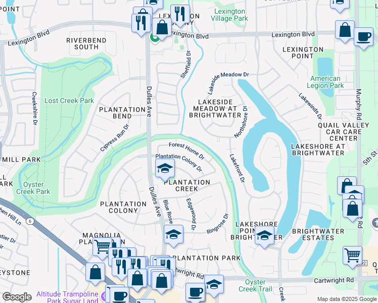 map of restaurants, bars, coffee shops, grocery stores, and more near 4631 Forest Home Drive in Missouri City