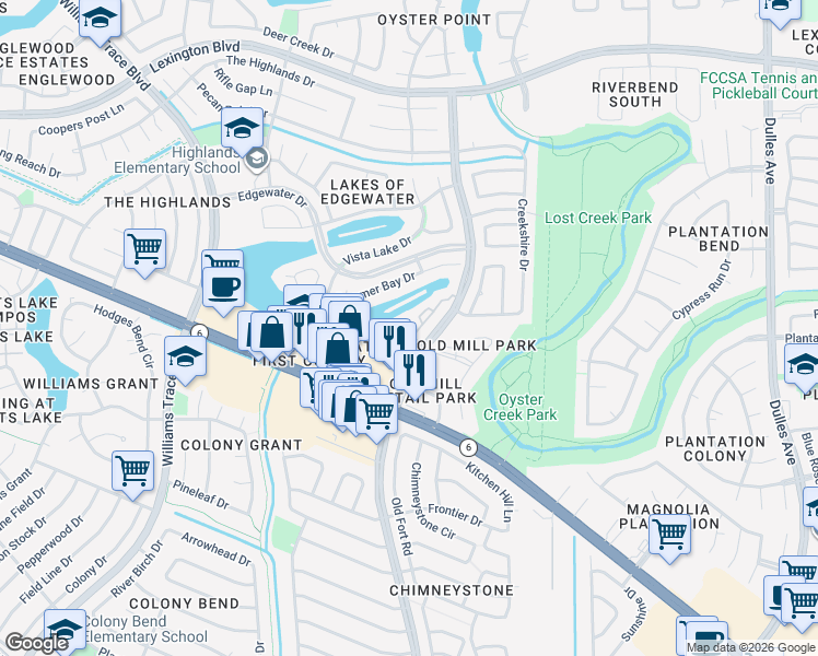 map of restaurants, bars, coffee shops, grocery stores, and more near 2222 Settlers Way Boulevard in Sugar Land