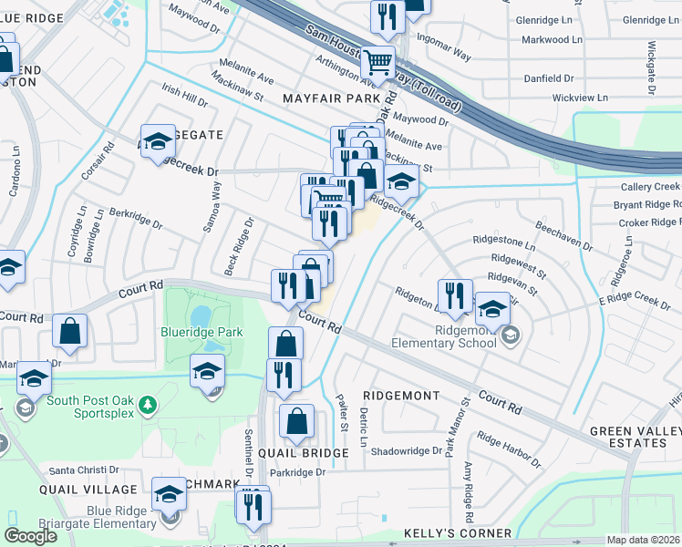 map of restaurants, bars, coffee shops, grocery stores, and more near 16134 Bantam Ridge Court in Houston