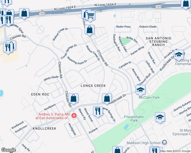 map of restaurants, bars, coffee shops, grocery stores, and more near 4806 Legend Well Drive in San Antonio