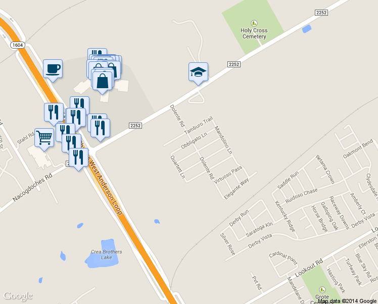 map of restaurants, bars, coffee shops, grocery stores, and more near 7335 Concerto Drive in San Antonio