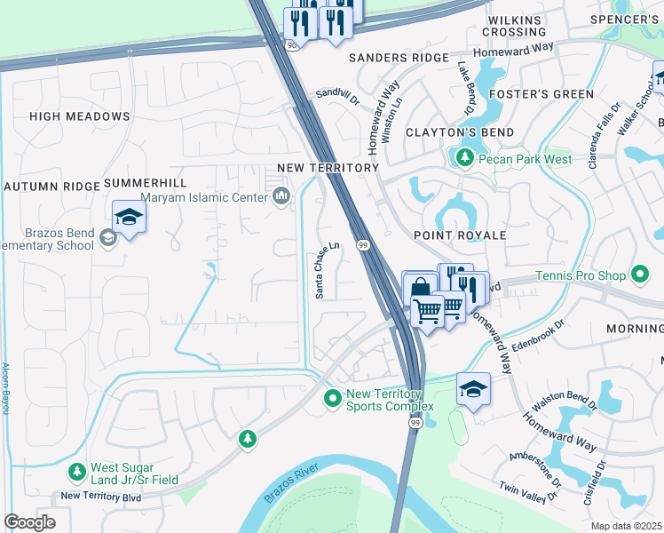 map of restaurants, bars, coffee shops, grocery stores, and more near 5446 Santa Chase Lane in Sugar Land