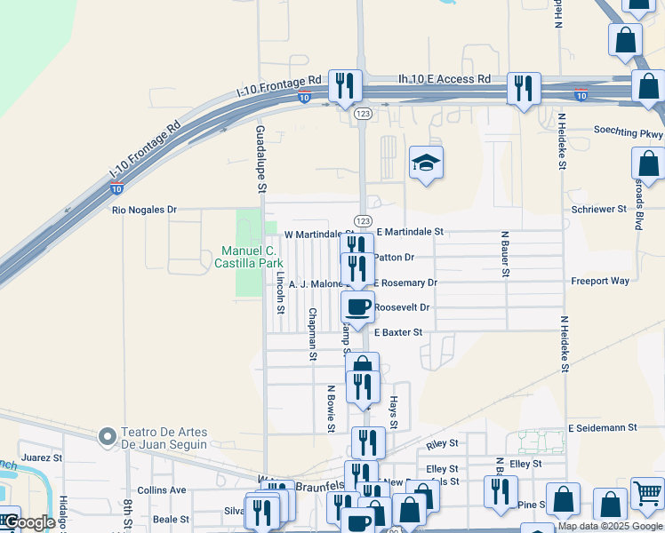 map of restaurants, bars, coffee shops, grocery stores, and more near 2223 Louise Street in Seguin